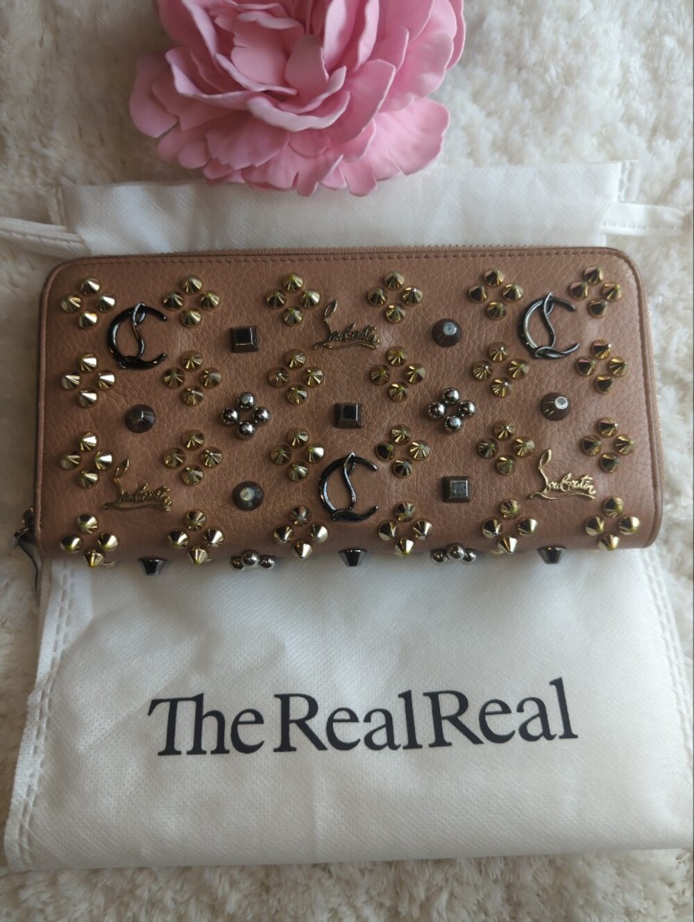 Christian Louboutin loubinsky Panettone Leather Studded Zippy Wallet Tan Gold